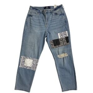 Hollister Ultra High Rise Mom Jeans Women's Size 13R Light Wash Bandana Patch